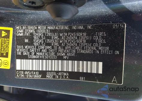 2014 Toyota Highlander Le Plus V6 from USA, damaged, VIN 5TDBKRFH1ES013333
